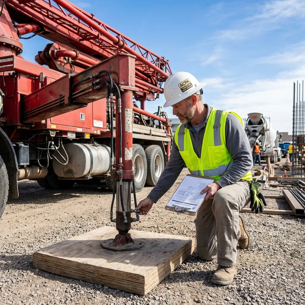 ACPA-certified concrete pump operator performing pre-pour outrigger safety inspection in Jacksonville FL