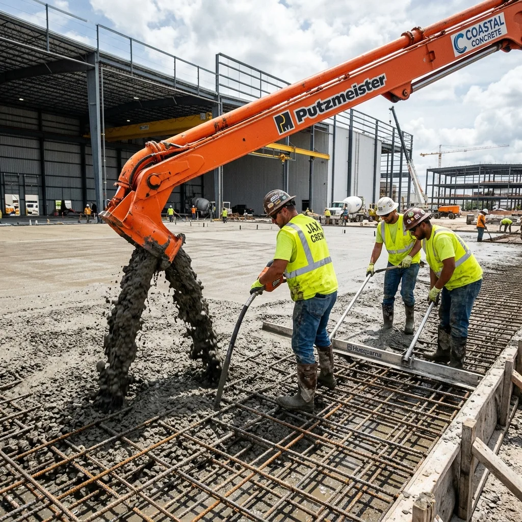 Large Putzmeister truck mounted concrete boom pump pouring a commercial slab foundation in Jacksonville FL