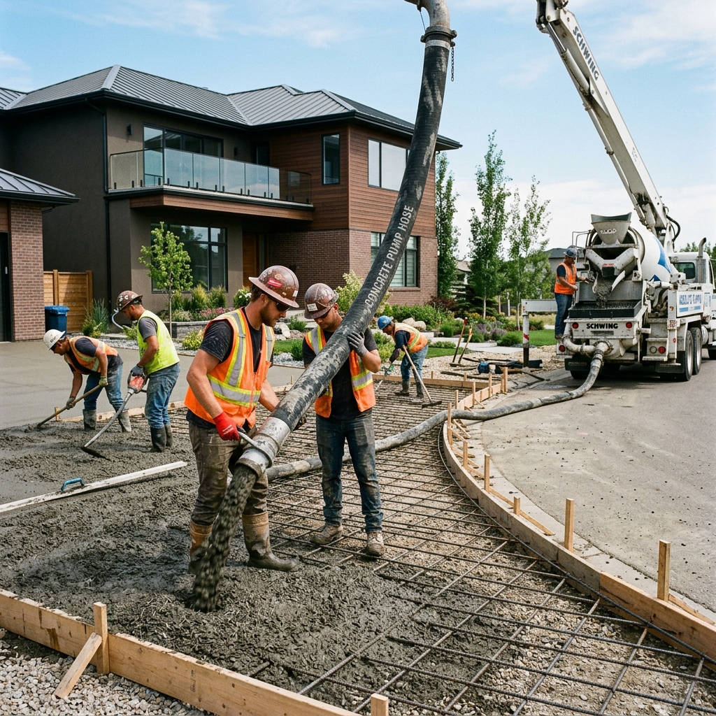 Concrete driveway being placed with a pump in a Jacksonville residential neighborhood