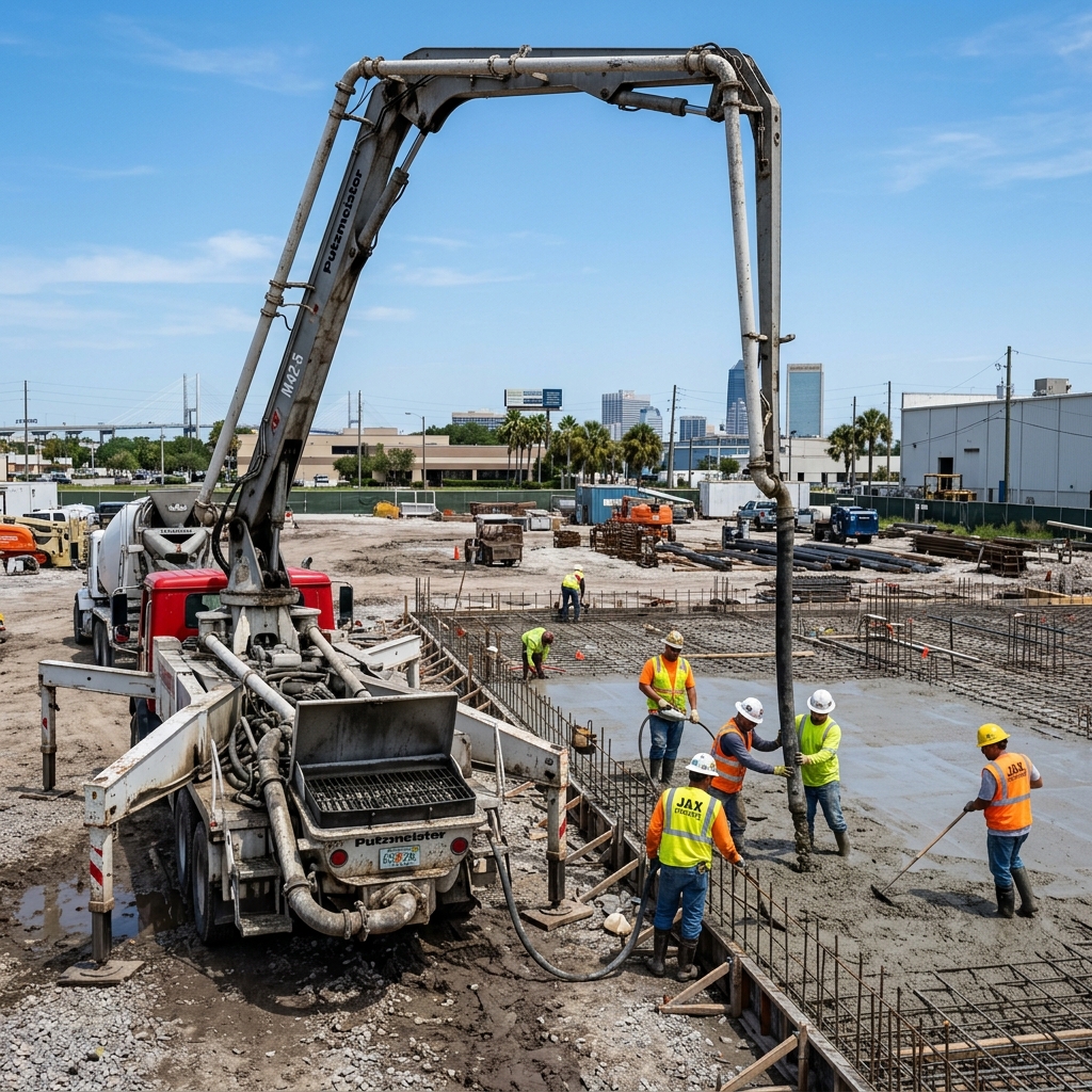 Commercial concrete boom pump arm extending over a massive building structural floor slab