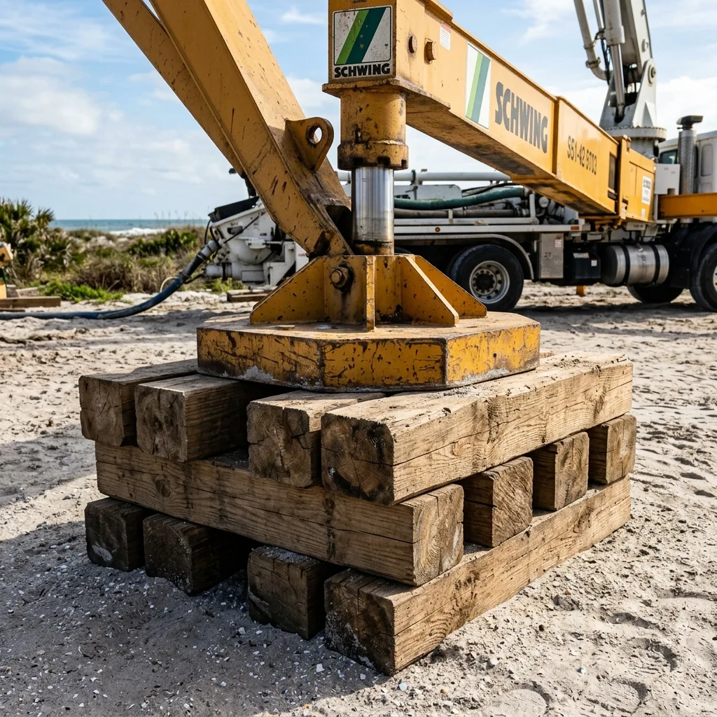 Heavy timber dunnage cribbing and composite outrigger pads under boom pump outriggers