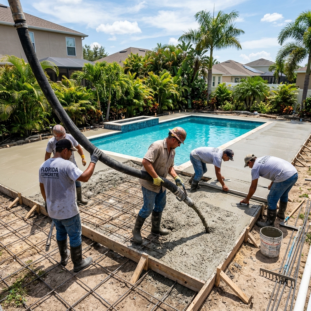 Backyard pool deck concrete pour using line pump in Orange Park Florida