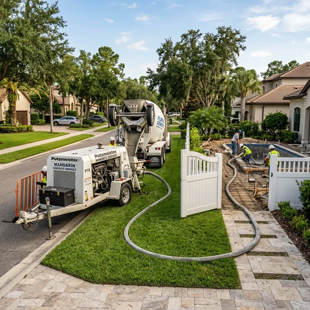 Trailer line pump flexible slickline hose routing concrete across a residential yard in San Marco FL