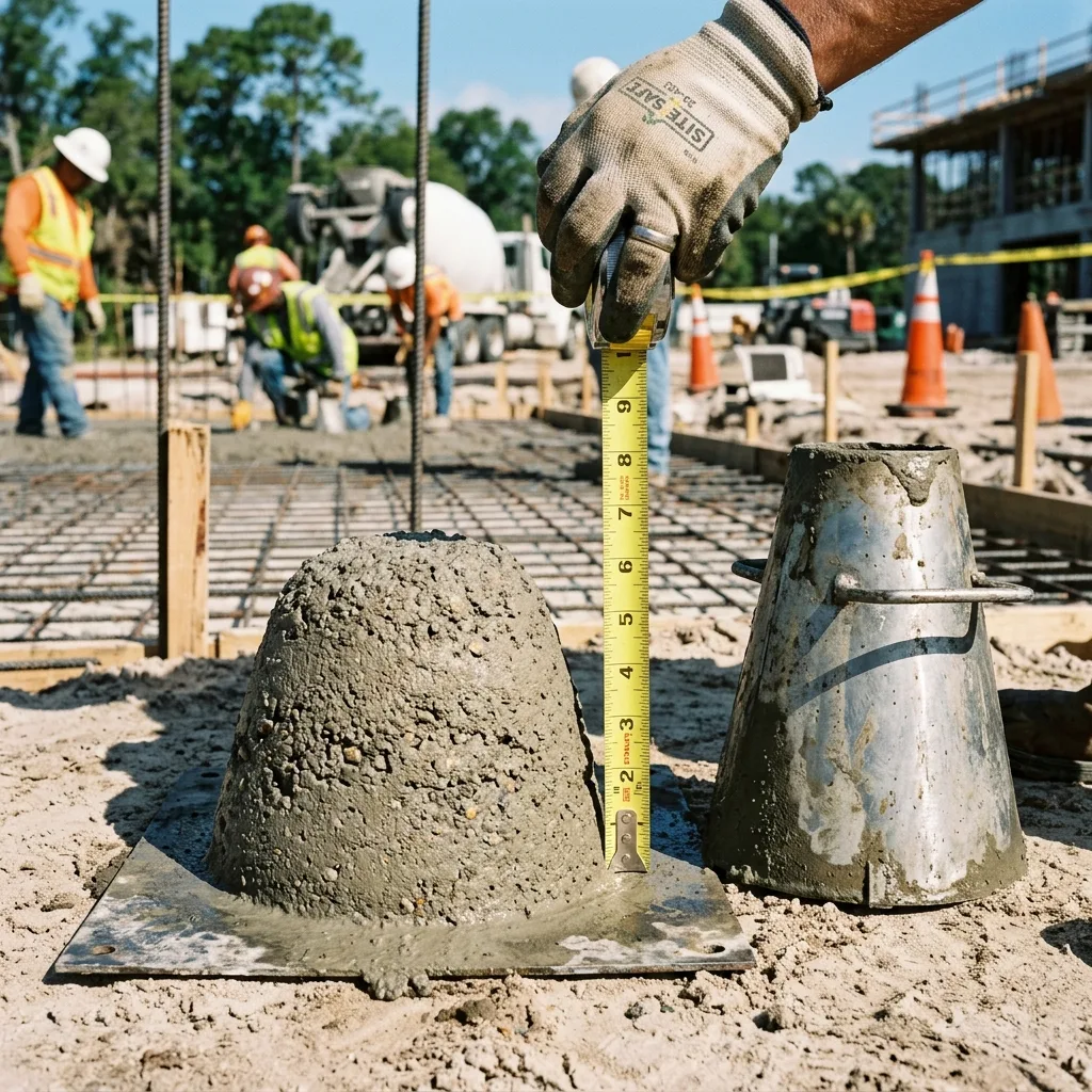 Concrete slump cone test measuring slump flow pumpability on a Jacksonville jobsite